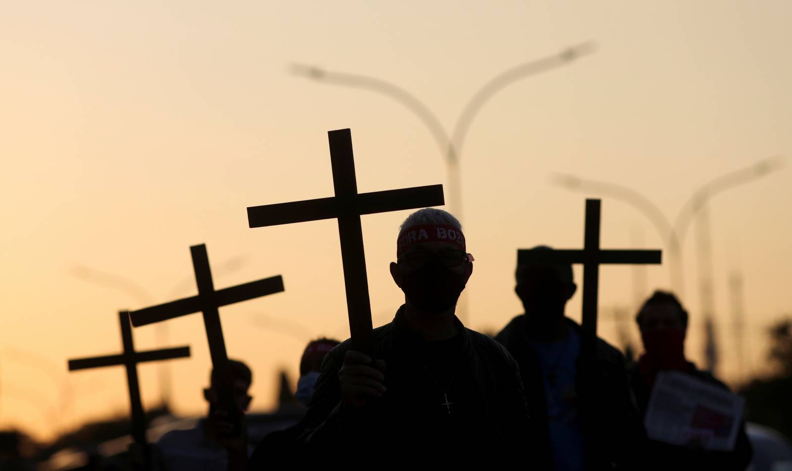 Tribute to the 100 thousand mortal victims of the coronavirus disease (COVID-19) and a protest against Brazil's President Jair Bolsonaro, in Sao Paulo