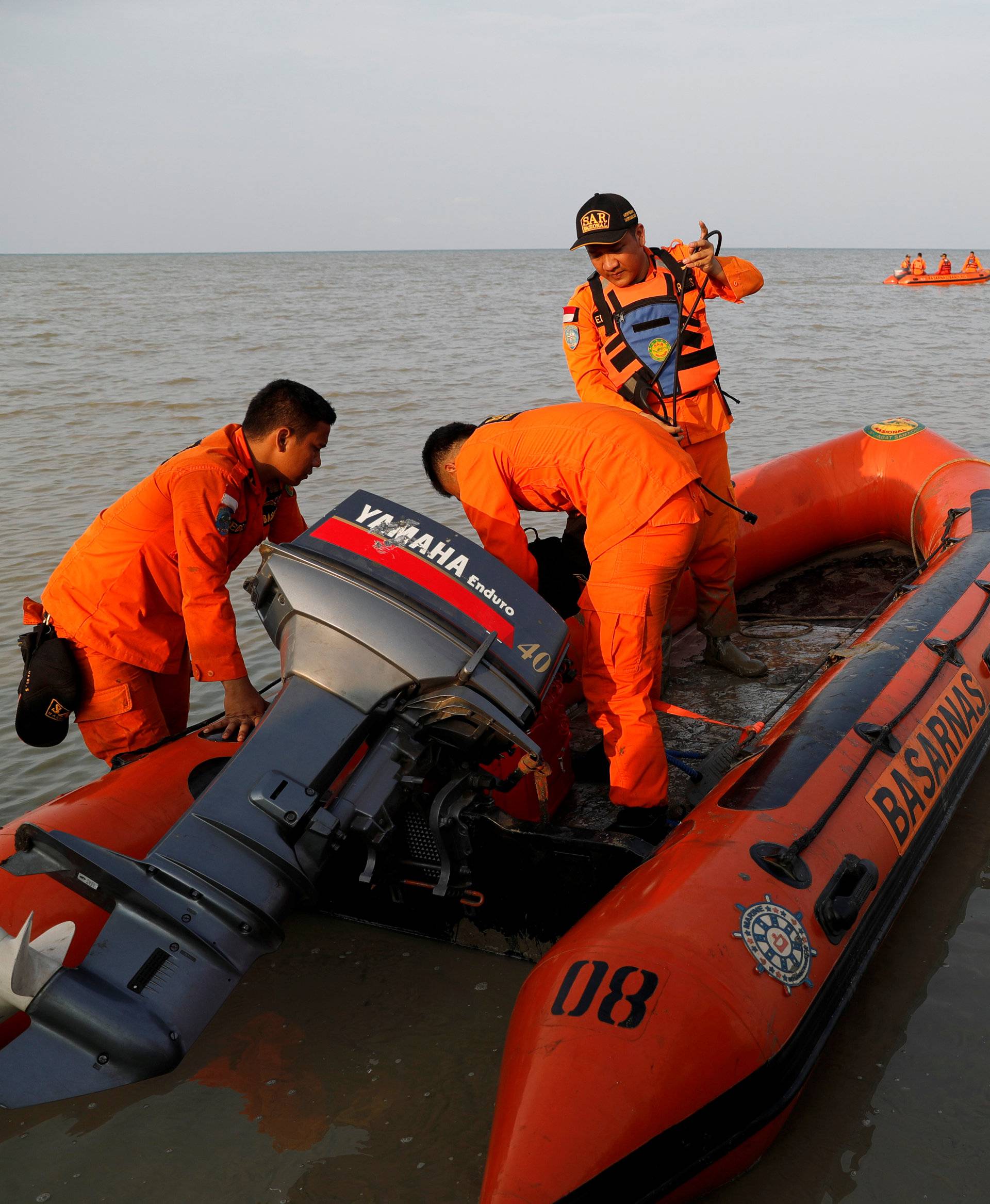 Rescue team prepares boat for Lion Air flight JT610 crash site off the coast of Karawang regency