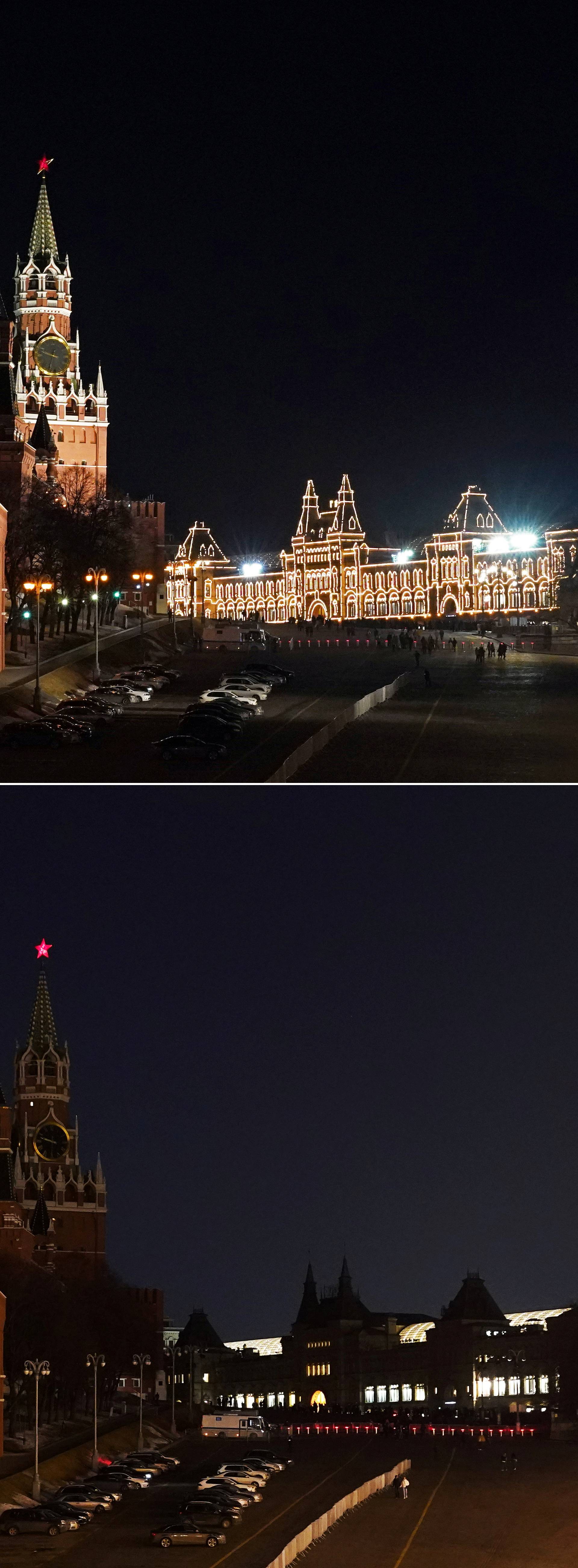 A combination photo shows the Kremlin, the GUM department store and the St. Basil's Cathedral before and during Earth Hour in Moscow