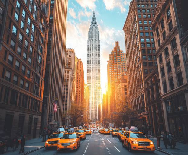 Sunlit new york city street with yellow taxis and skyscrapers at
