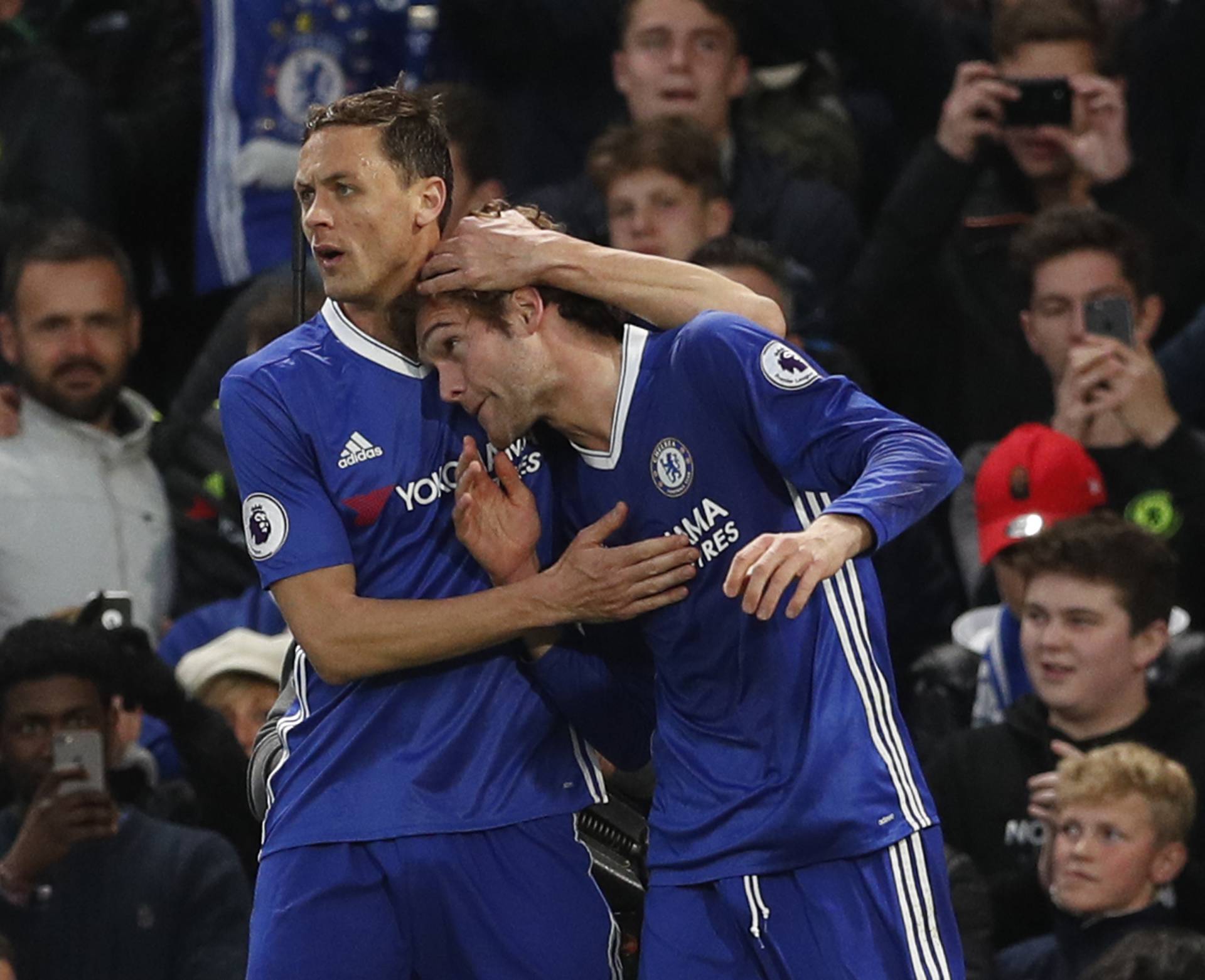 Chelsea's Marcos Alonso celebrates scoring their second goal with Nemanja Matic