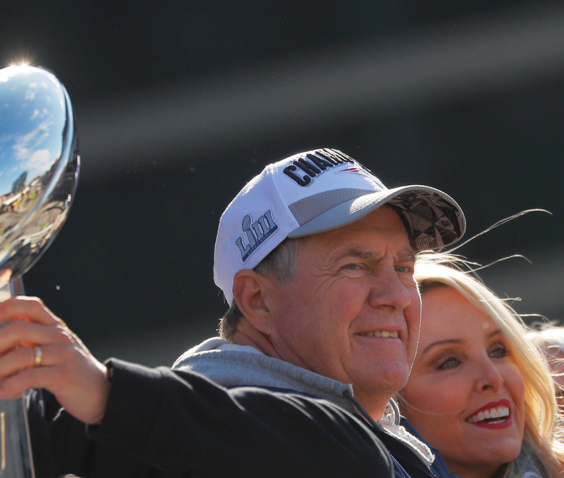 New England Patriots head coach Bill Belichick smiles during a victory parade in Boston