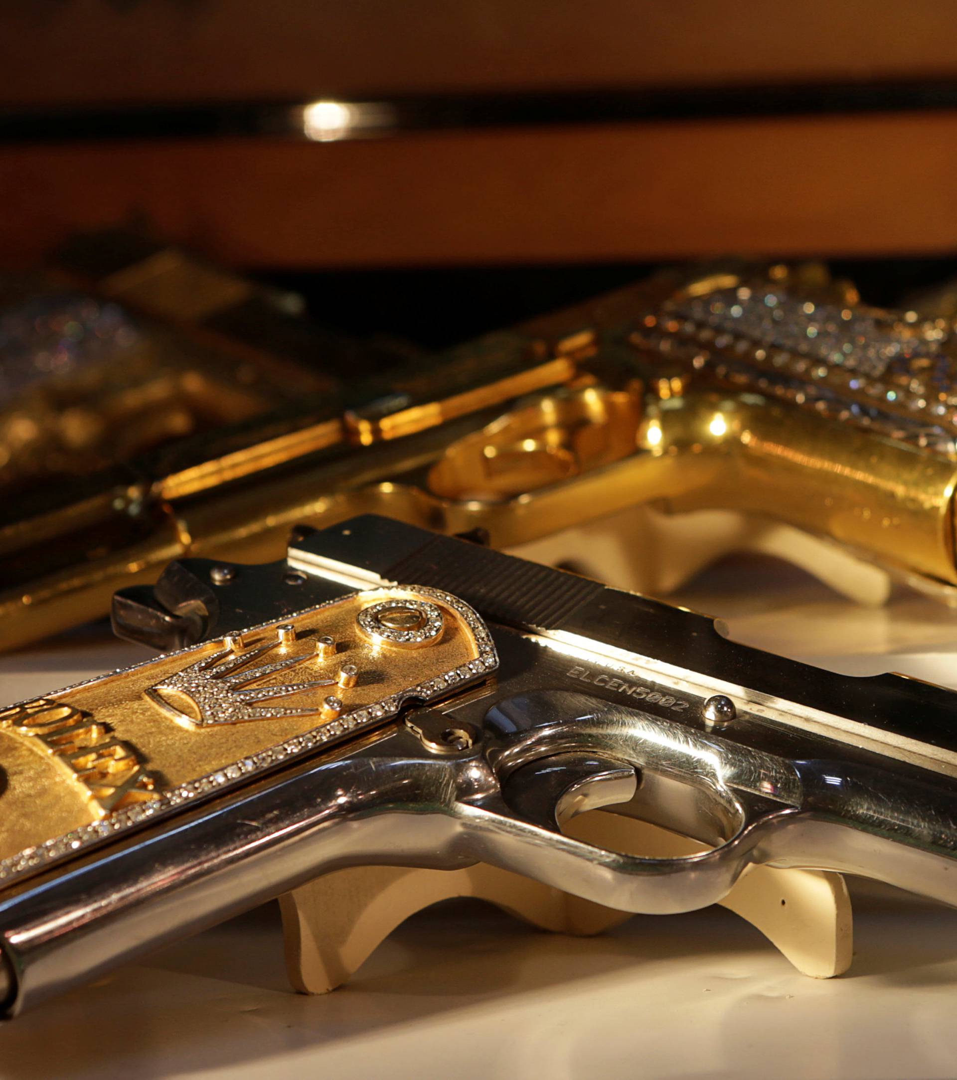 Guns decorated with gold and jewellery are displayed in the Drugs Museum, used by the military to showcase to soldiers the lifestyles of Mexican drug lords, at the headquarters of the Ministry of Defense in Mexico City