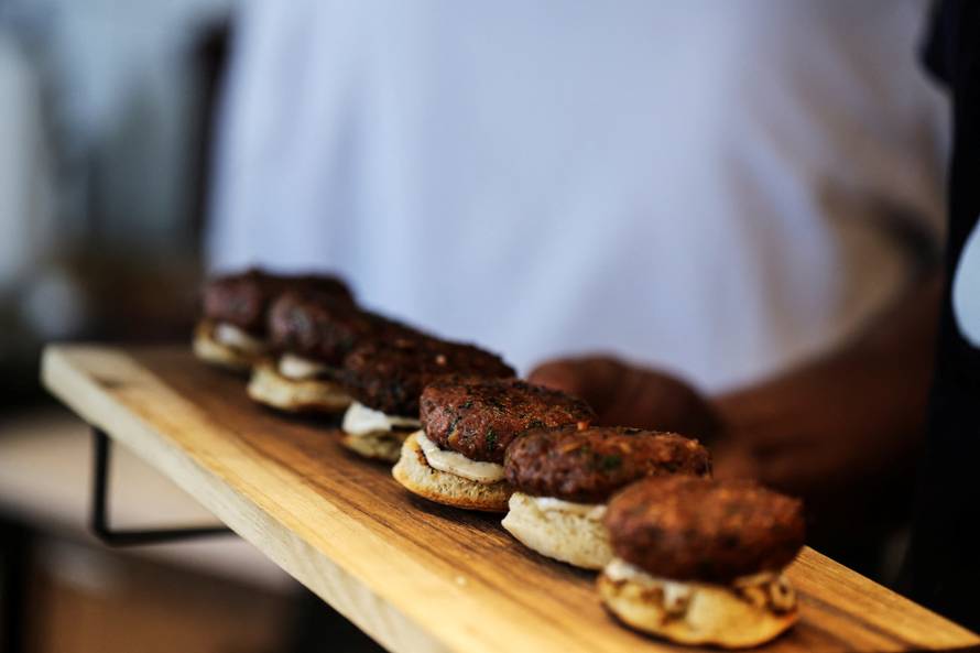3D printed plant-based vegan meat dishes, produced by Israeli start-up Redefine Meat, are displayed in Rehovot