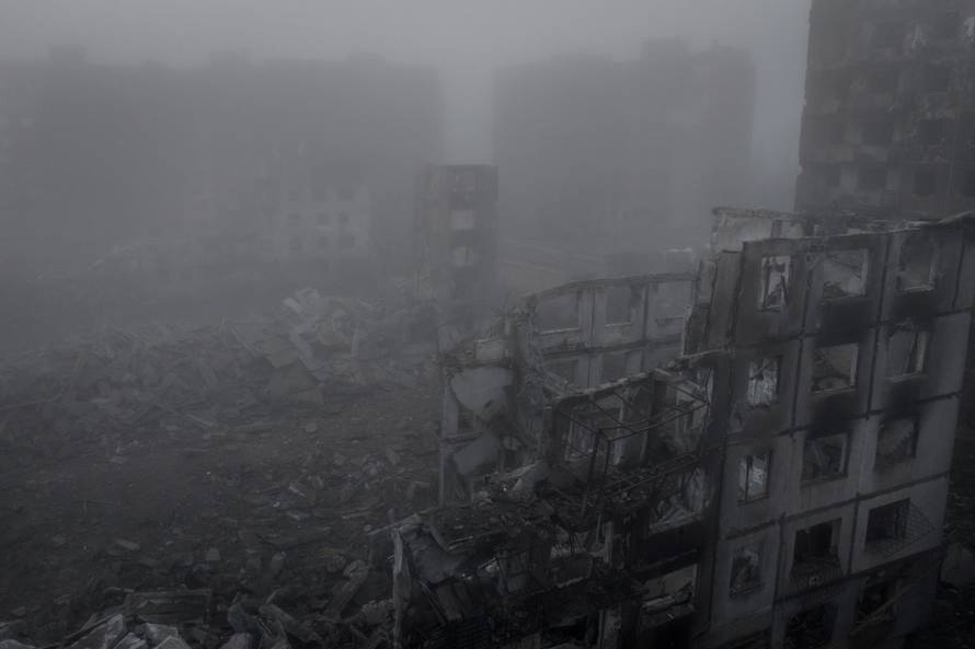 A drone view of apartment buildings damaged by Russian military strike in the frontline town of Kostiantynivka