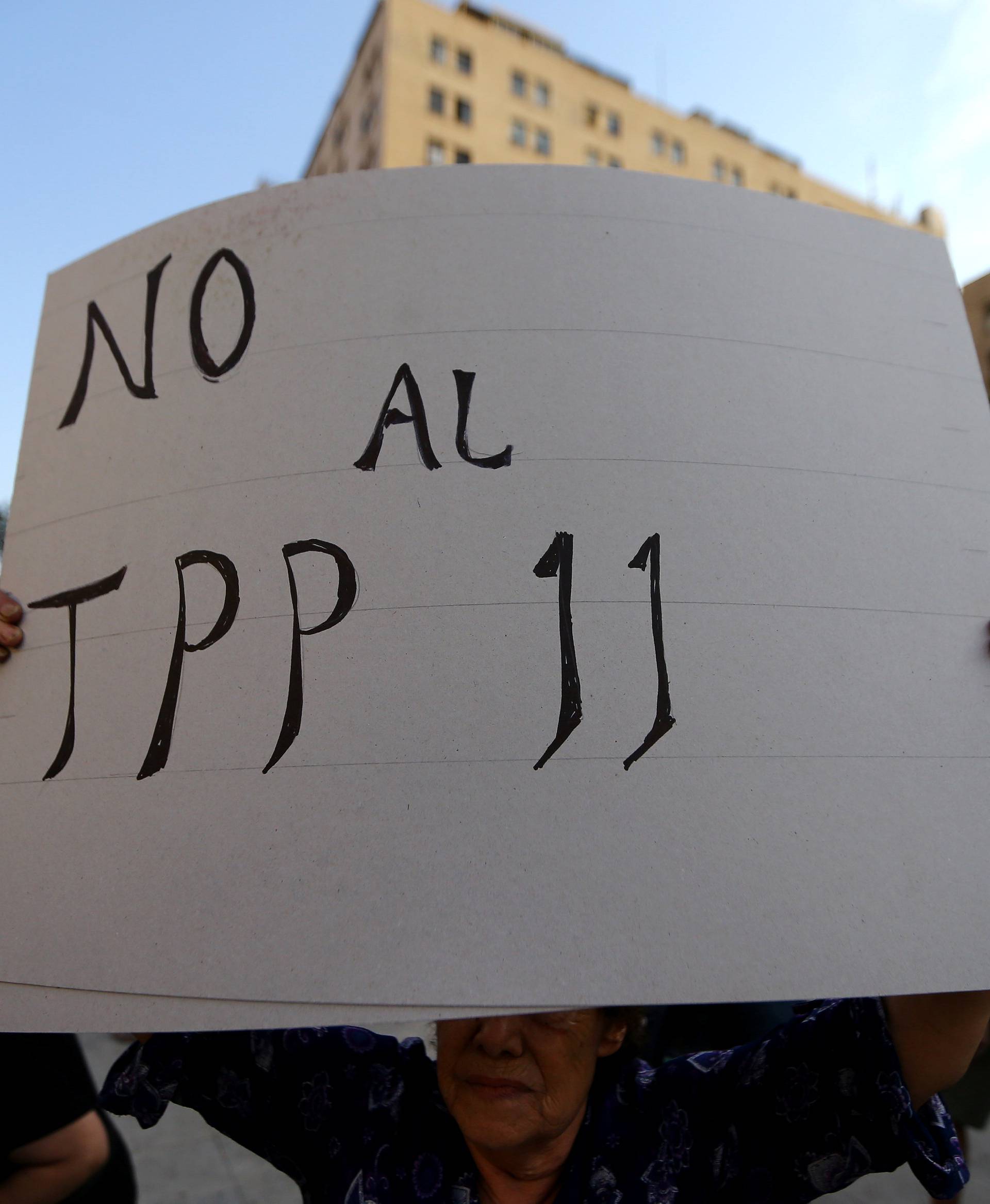 A demonstrator holds up a sign reading "Not to TPP" during rally against the Trans-Pacific Partnership (TPP) trade deal in Santiago