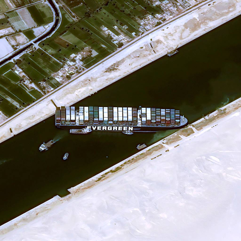 Satellite image shows stranded container ship Ever Given after it ran aground in Suez Canal