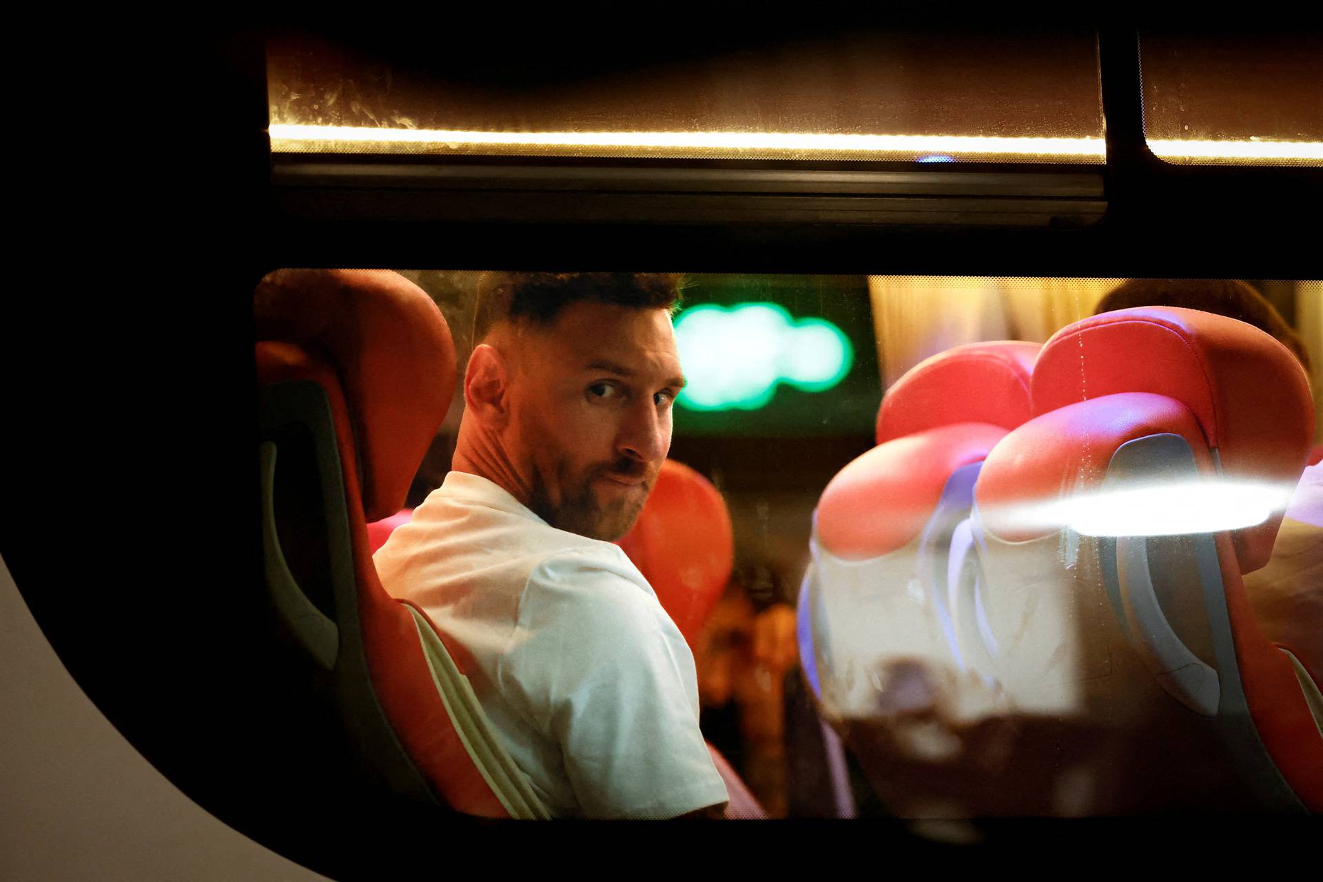 Argentina's Lionel Messi in the team bus after training