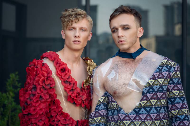 Two male models. androgynous feminine men looking as woman