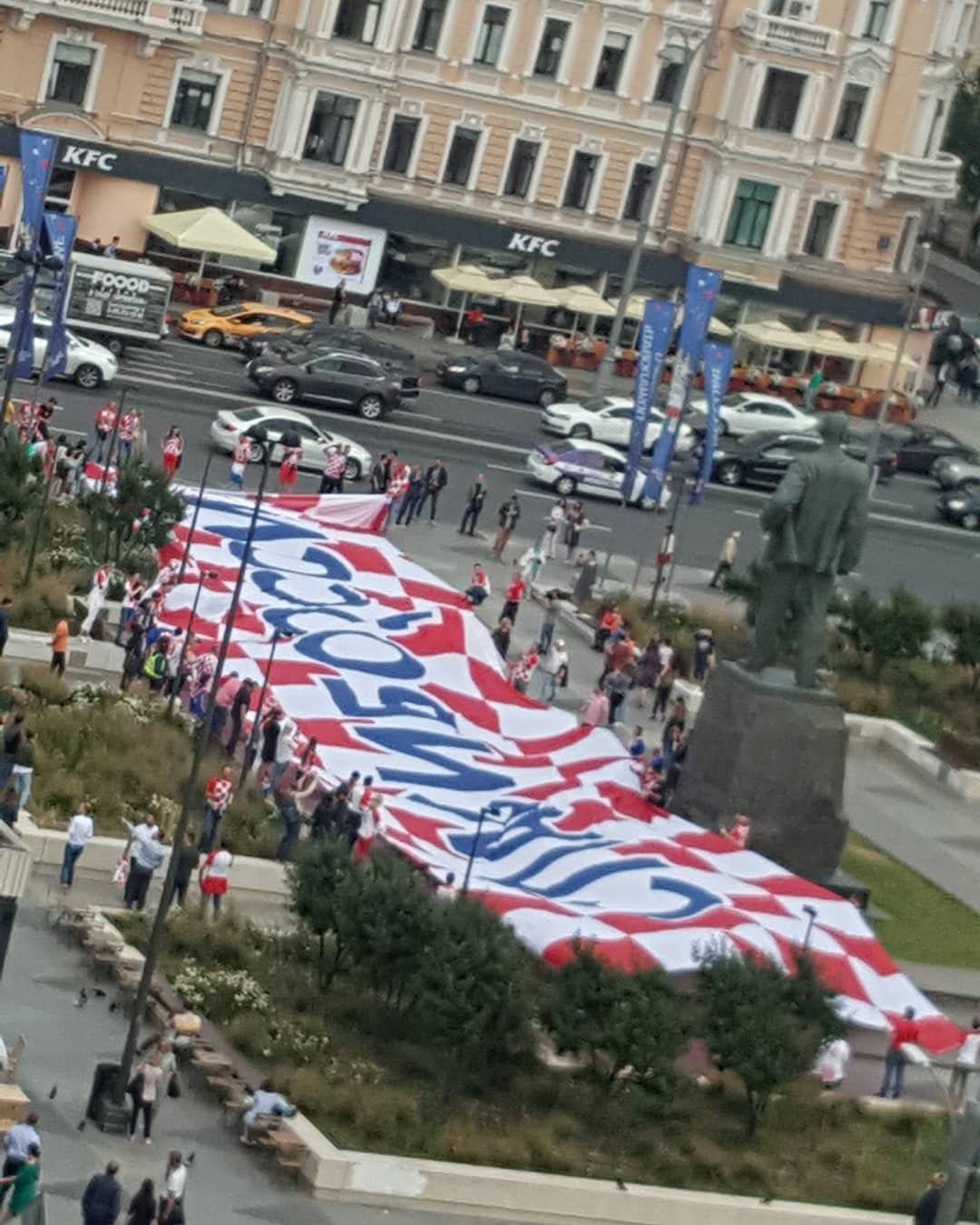 A giant Croatia flag with the inscription "Thank you, Russia" in Russian is seen at Triumfalnaya Square in Moscow