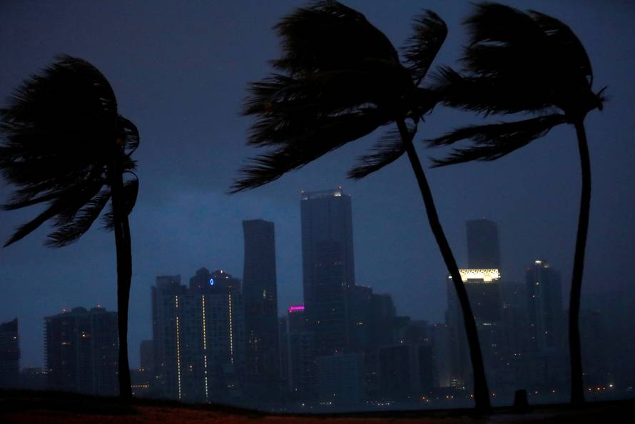 Dark clouds are seen over Miami's skyline before the arrival of Hurricane Irma
