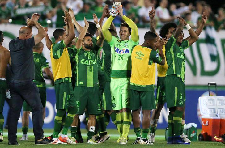 File photo of Chapecoense players celebrating after their match against San Lorenzo at the Arena Conda stadium in Chapeco