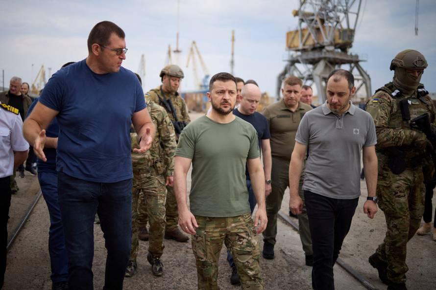 Ukraine's President Zelenskiy and  Minister of Infrastructure Kubrakov visit sea port before restarting grain export in Odesa
