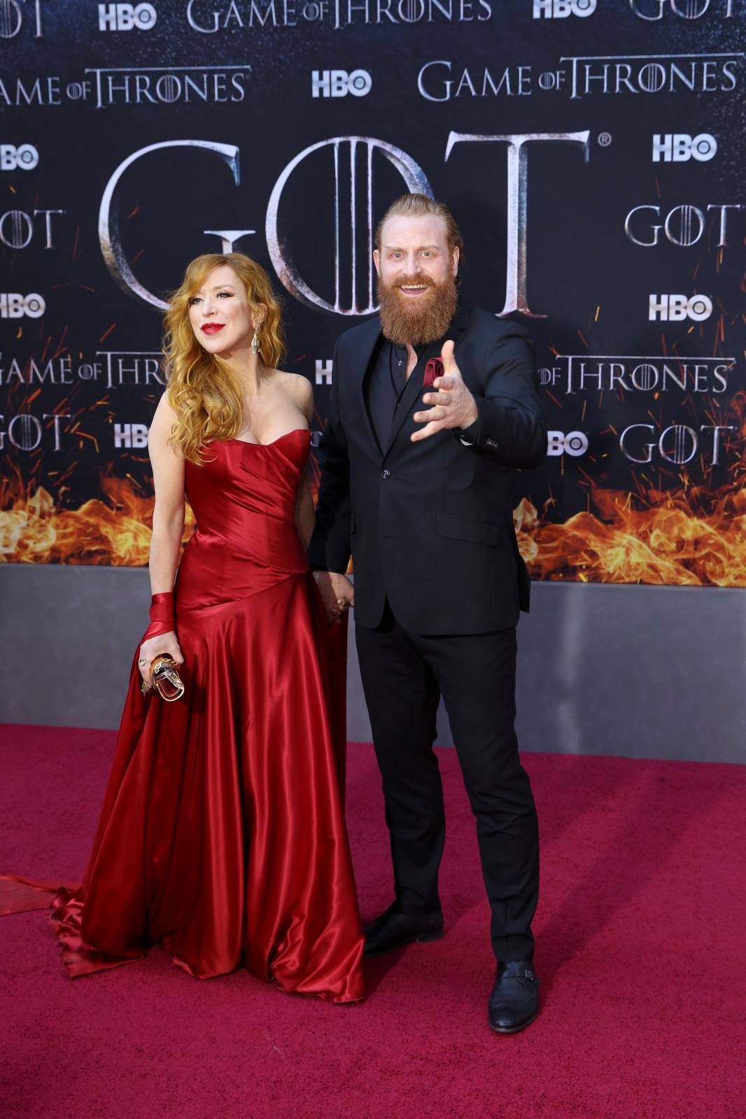 Kristofer Hivju and Molvaer Hivju arrive for the premiere of the final season of "Game of Thrones" at Radio City Music Hall in New York