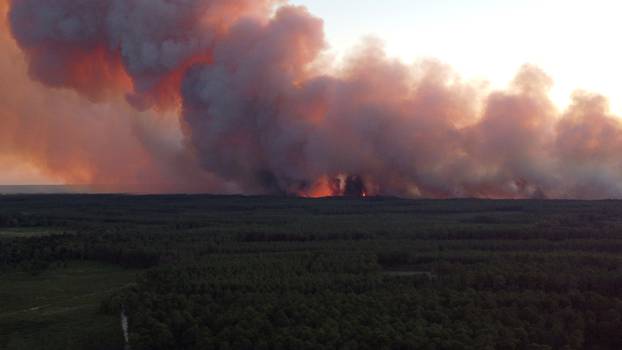 A view shows smoke rising from the Gironde forest fires as seen from Landiras