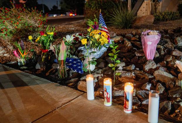 Makeshift memorial outside the mortuary where the body of slain conservative activist Charlie Kirk was delivered, in Phoenix