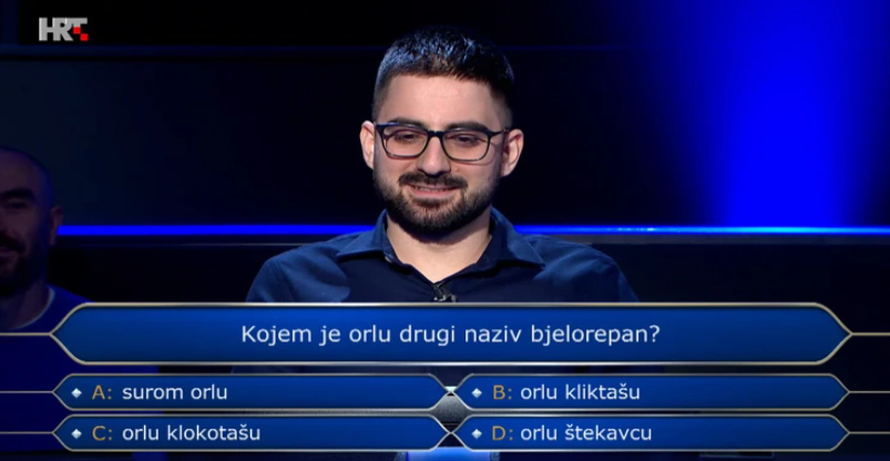 Splićanin odustao na 13. pitanju za 250 tisuća kuna u Milijunašu: Znate li koji je orao bjelorepan?