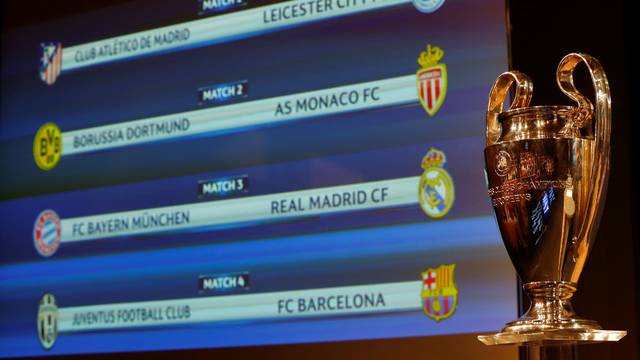 The UEFA Champions League trophy is pictured after the draw of the quarterfinals in Nyon
