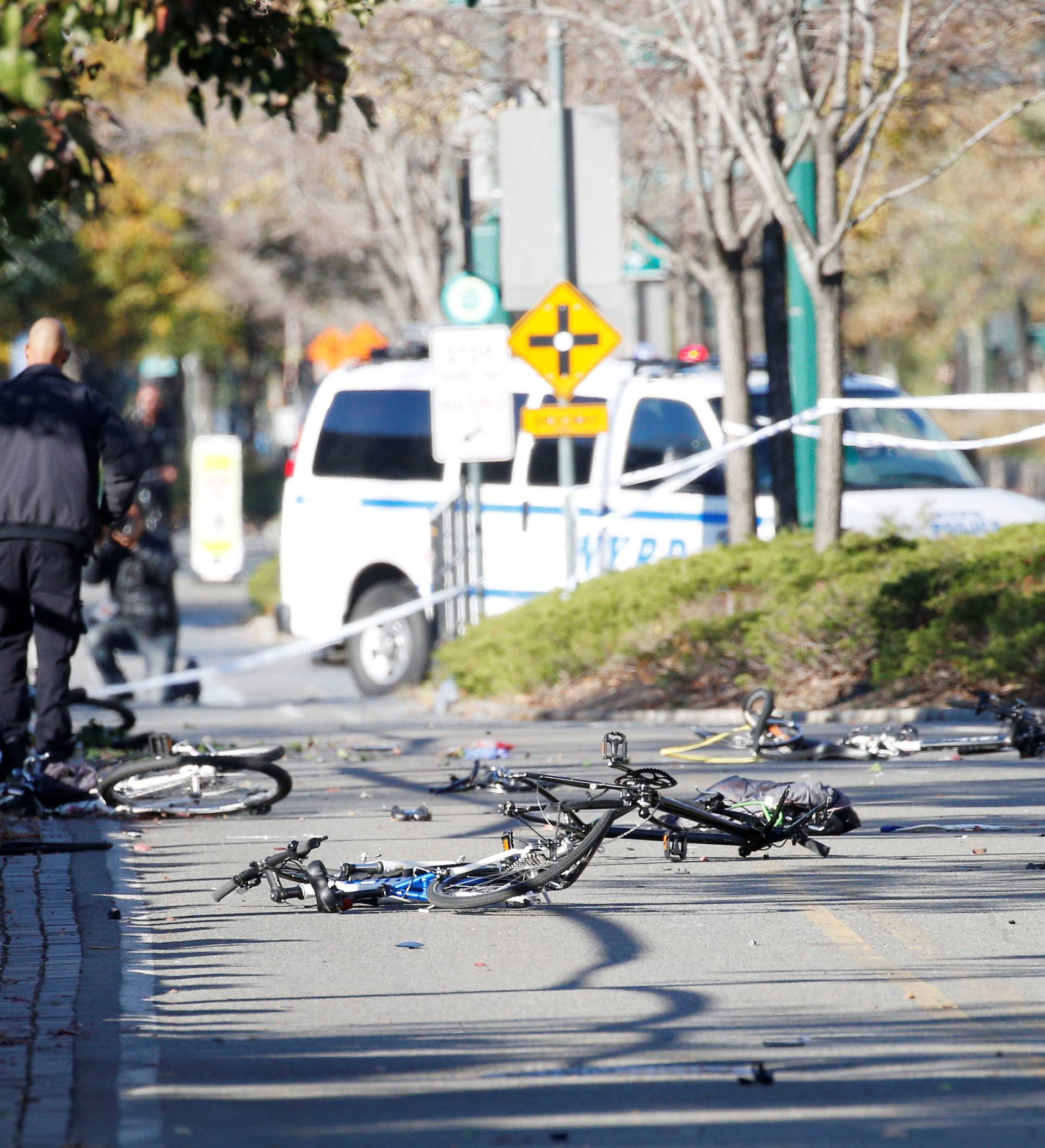 Multiple bikes are crushed along a bike path in lower Manhattan in New York