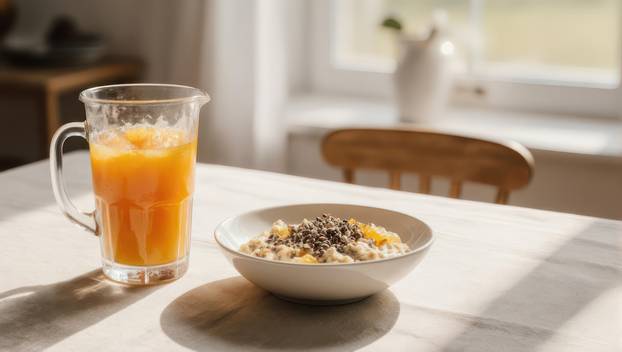 Breakfast on a sunlit table oatmeal with chocolate chips, orange juice, and a window