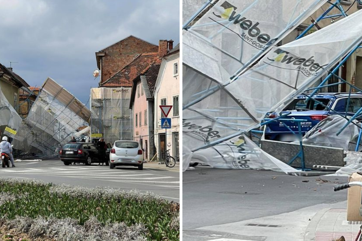 Karlovac: Zbog jakog vjetra srušila se skela i pala na auto