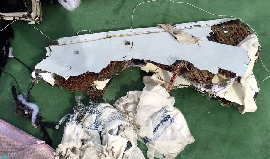 Recovered debris of the EgyptAir jet that crashed in the Mediterranean Sea are seen in this still image taken from video