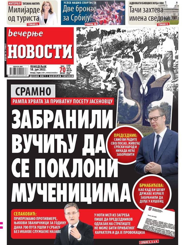 Pogledajte srpske naslovnice nakon što je Hrvatska odbila da Vučić privatno dođe u Jasenovac