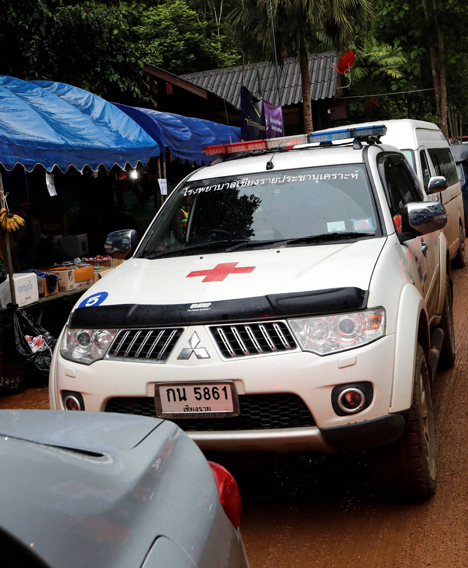 Ambulance is seen outside the Tham Luang cave complex after Thailand's government instructed members of the media to move out urgently, in the northern province of Chiang Rai