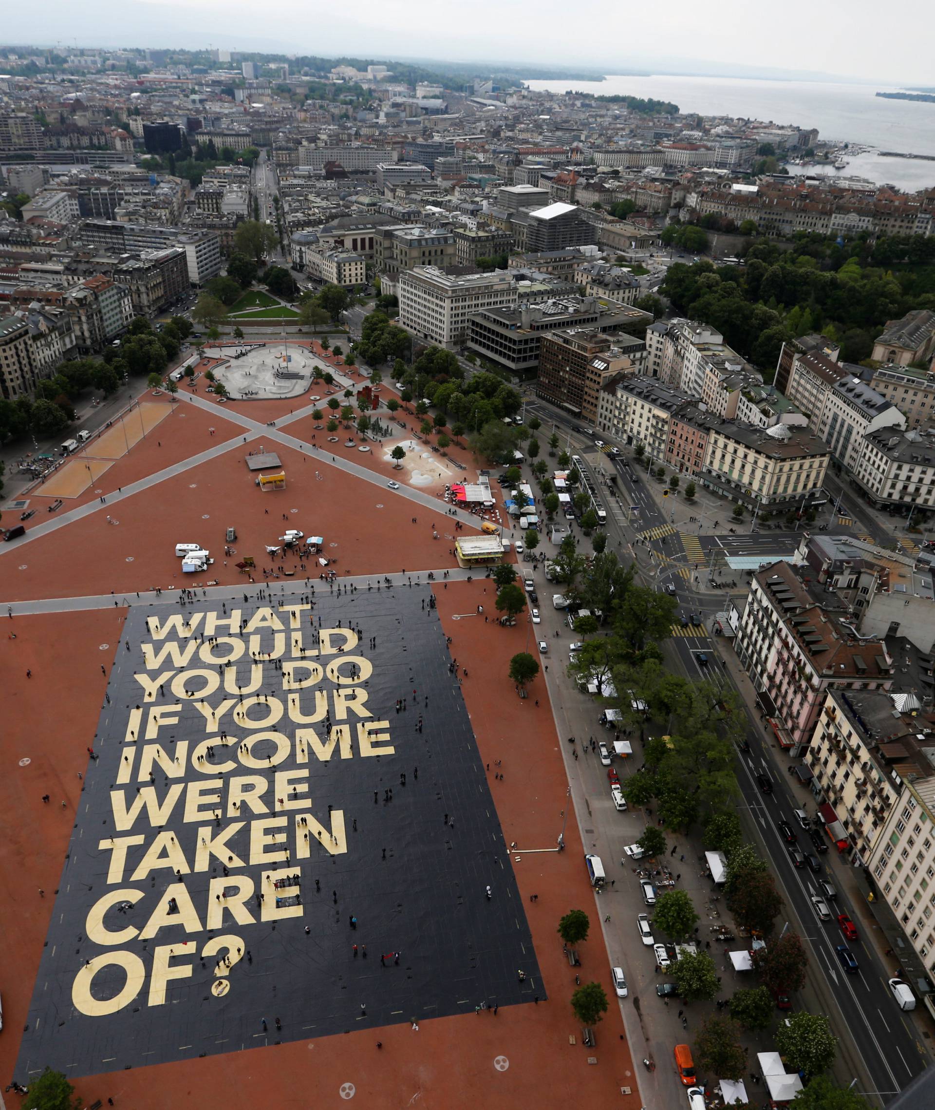 A 8,000 square meter poster is pictured on the Plainpalais square in Geneva