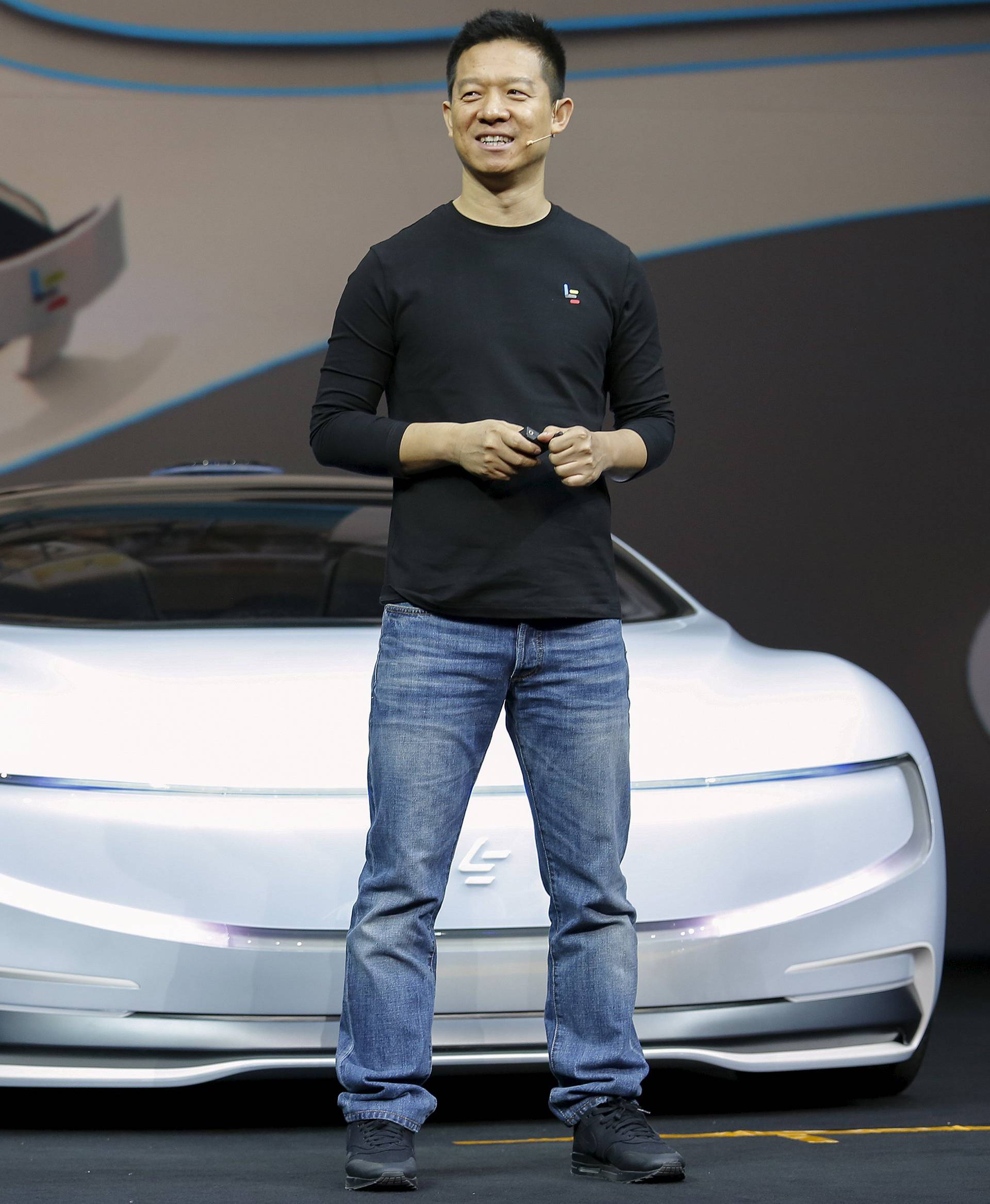 Jia Yueting, co-founder and head of Le Holdings Co Ltd, also known as LeEco and formerly as LeTV, unveils an all-electric battery "concept" car called LeSEE during a ceremony in Beijing