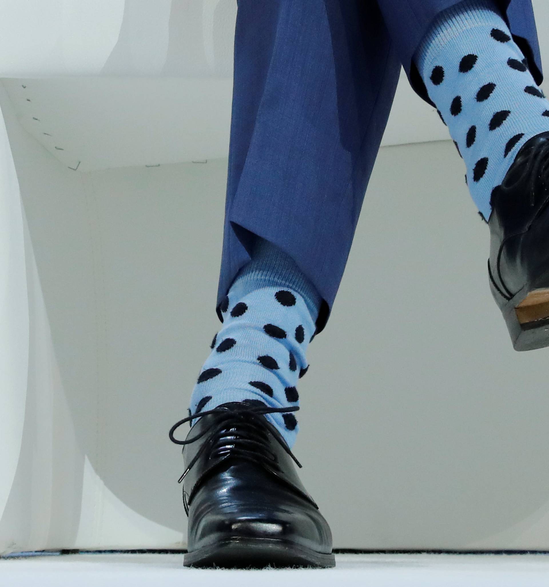 Canadian Prime Minister's Justin Trudeau's socks are seen as he attends the World Economic Forum (WEF) annual meeting in Davos