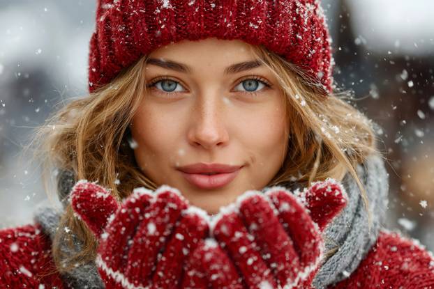 Woman blowing snow playfully in winter weather