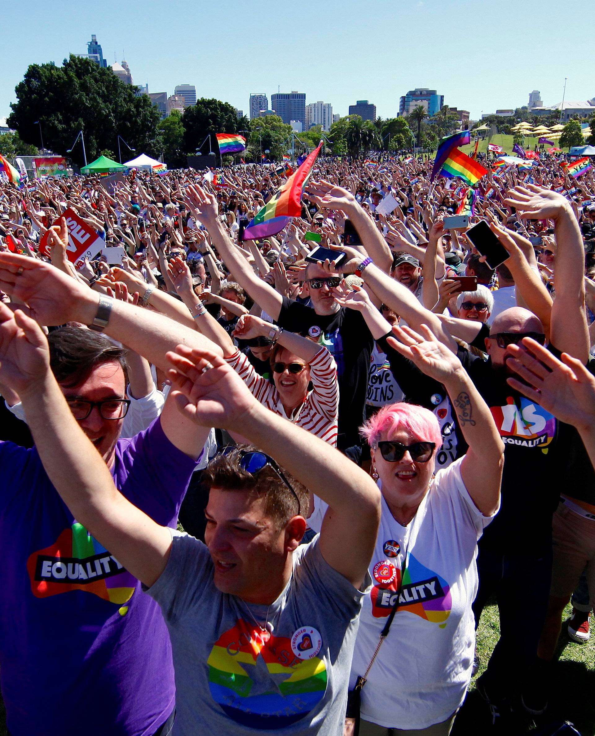 Supporters of the 'Yes' vote for marriage equality celebrate after it was announced the majority of Australians support same-sex marriage in a national survey, at a rally in Sydney