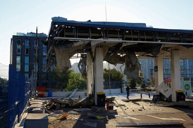 Aftermath of a Russian drone strike on a gas station in Kyiv