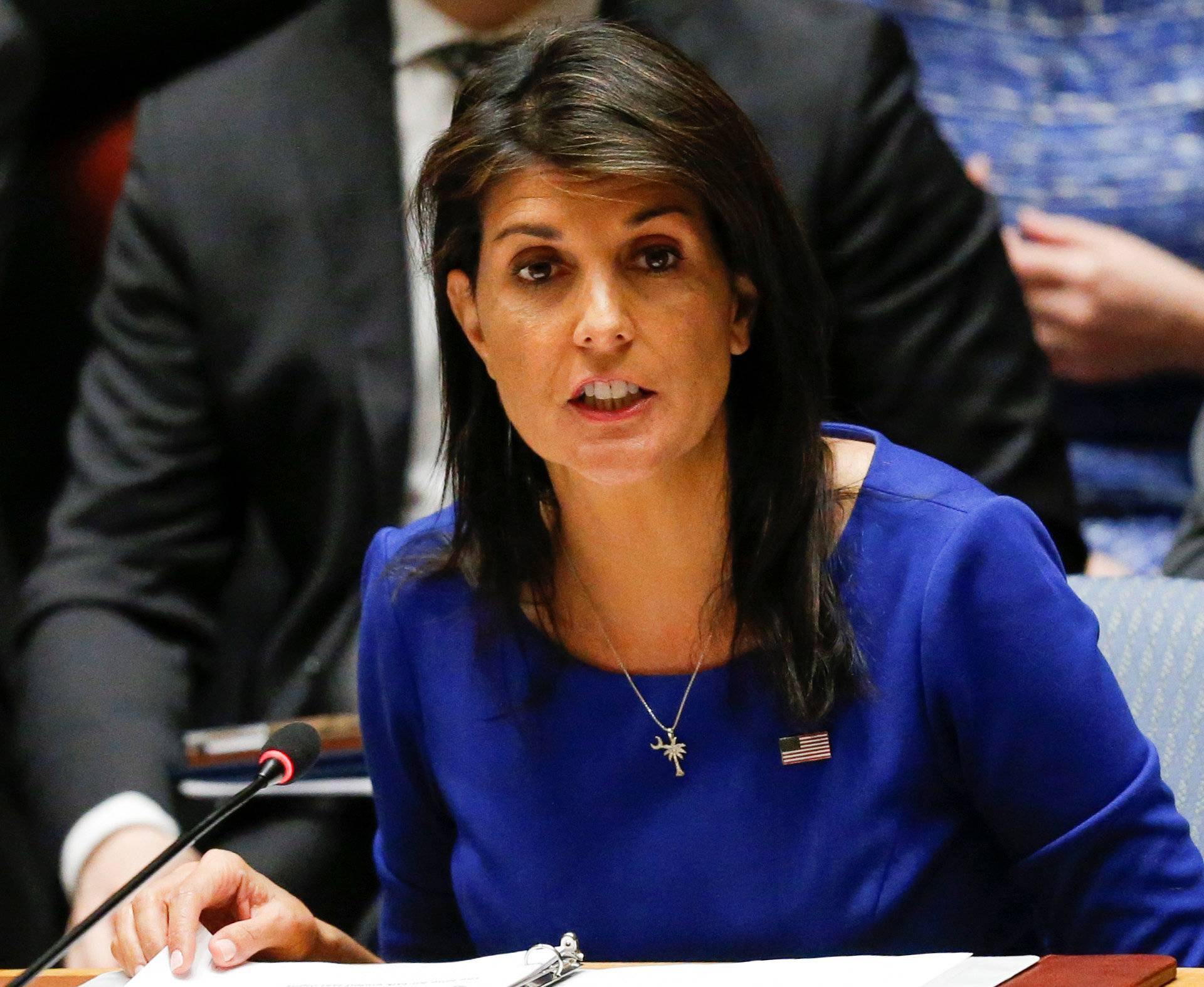 United States Ambassador to the United Nations Haley speaks during the emergency United Nations Security Council meeting on Syria at the U.N. headquarters in New York