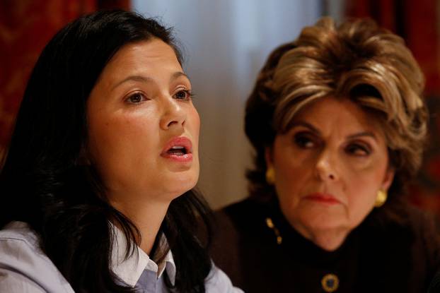 New alleged victim of Harvey Weinstein, Natassia Malthe, speaks as she sits with lawyer Gloria Allred during a news conference in New York