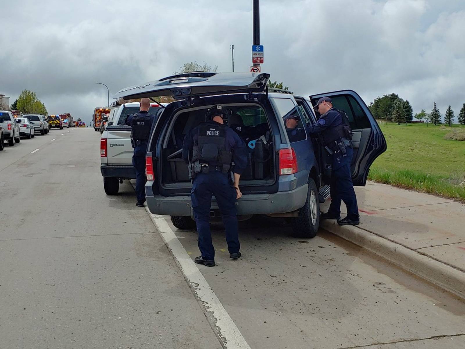 Police officers seen near the STEM School during a shooting incident in Highlands Ranch, Colorado, U.S. in this May 7, 2019 image obtained via social media.