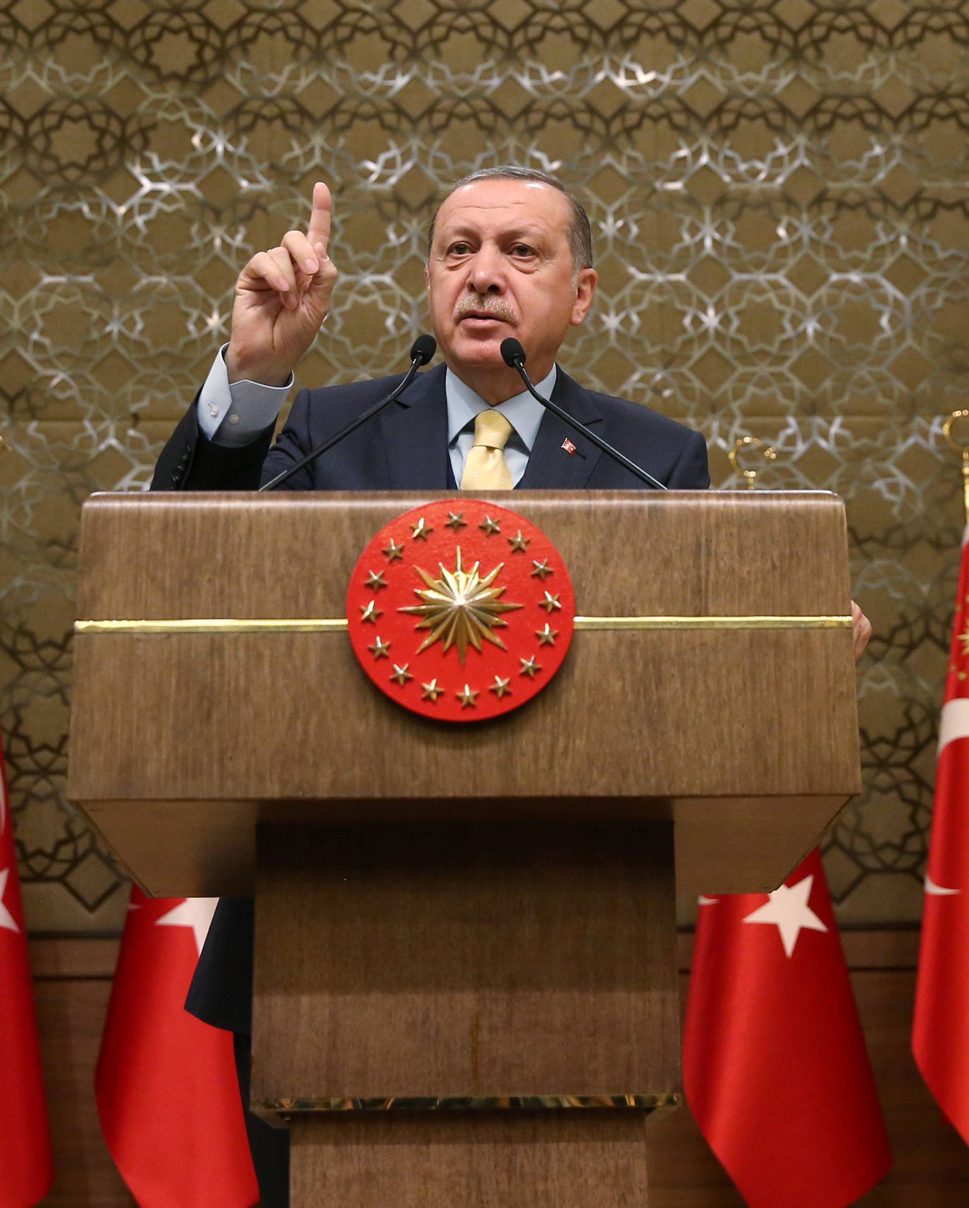 Turkish President Erdogan speaks during a meeting in Ankara