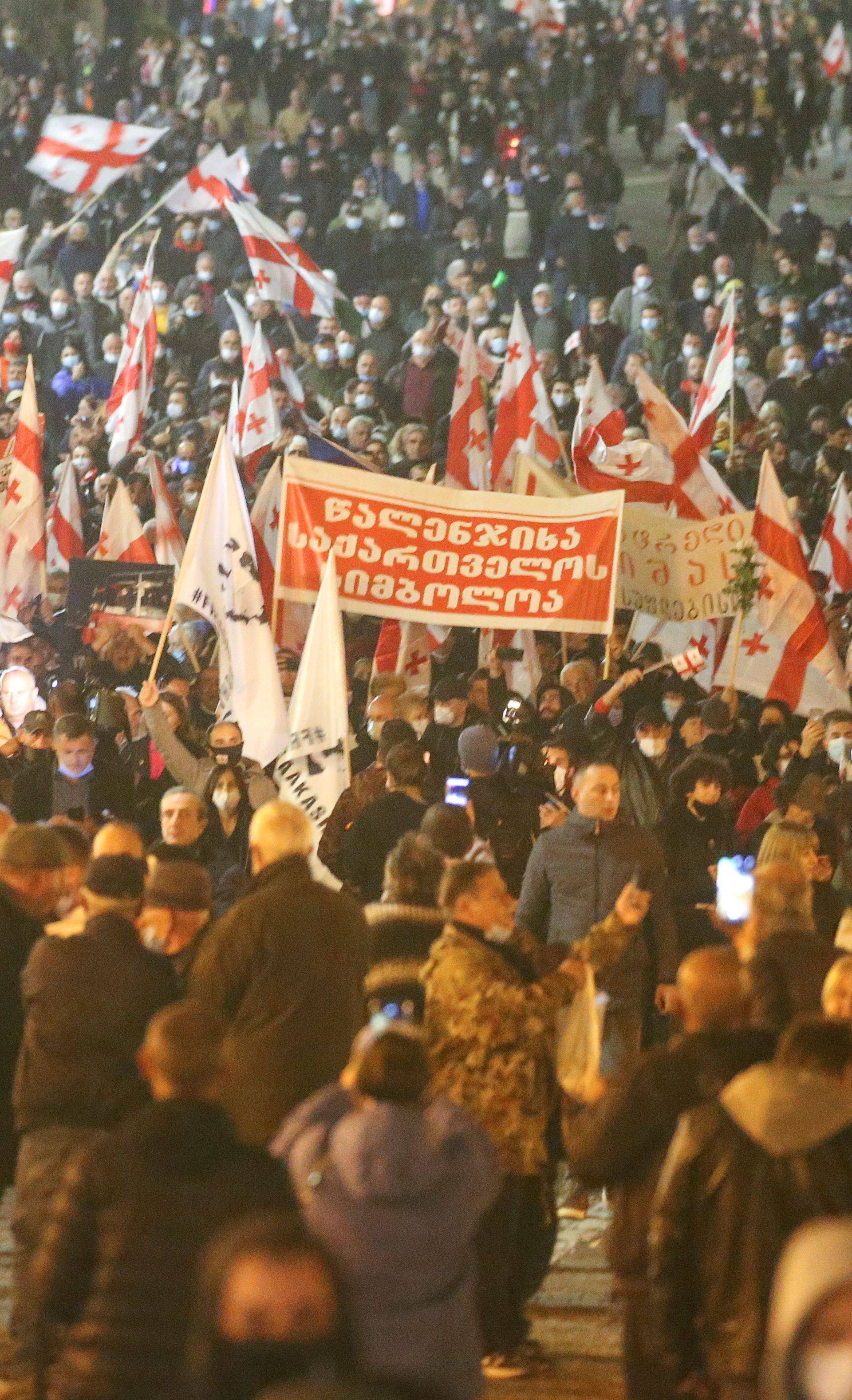 Georgian opposition supporters hold a rally in support of jailed ex-president Saakashvili in Tbilisi