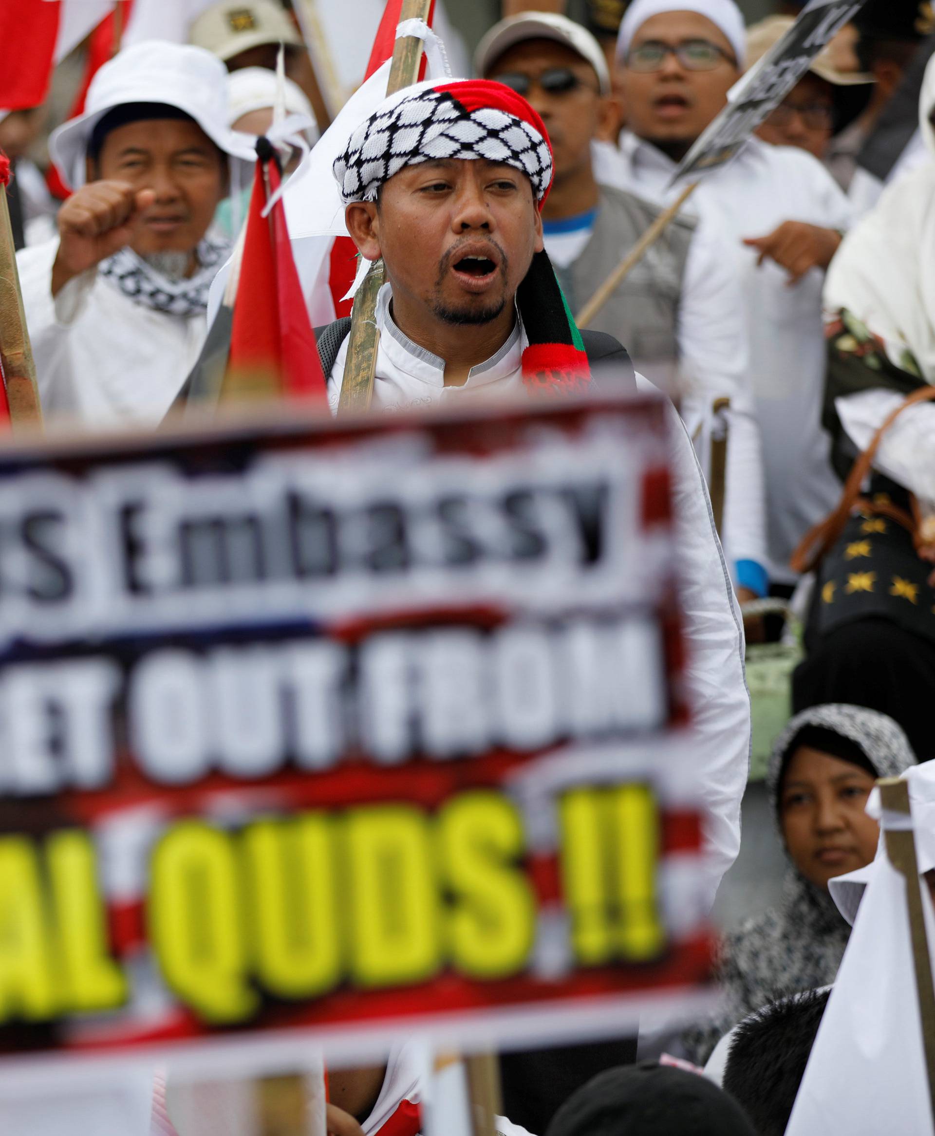 Protesters hold a rally outside the U.S. embassy in Jakarta, Indonesia, to condemn the U.S. decision to recognise Jerusalem as Israel's capital