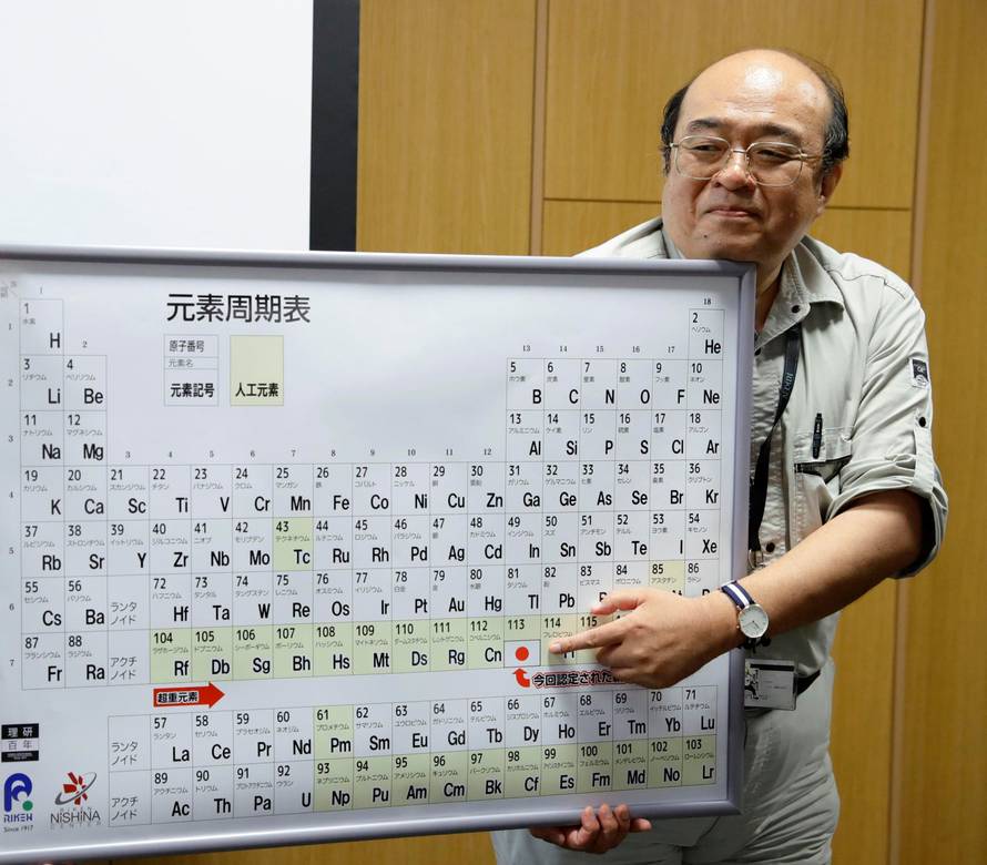 Morita points to the superheavy synthetic element on a periodic table at a news conference at the RIKEN institute's research centre in Wako