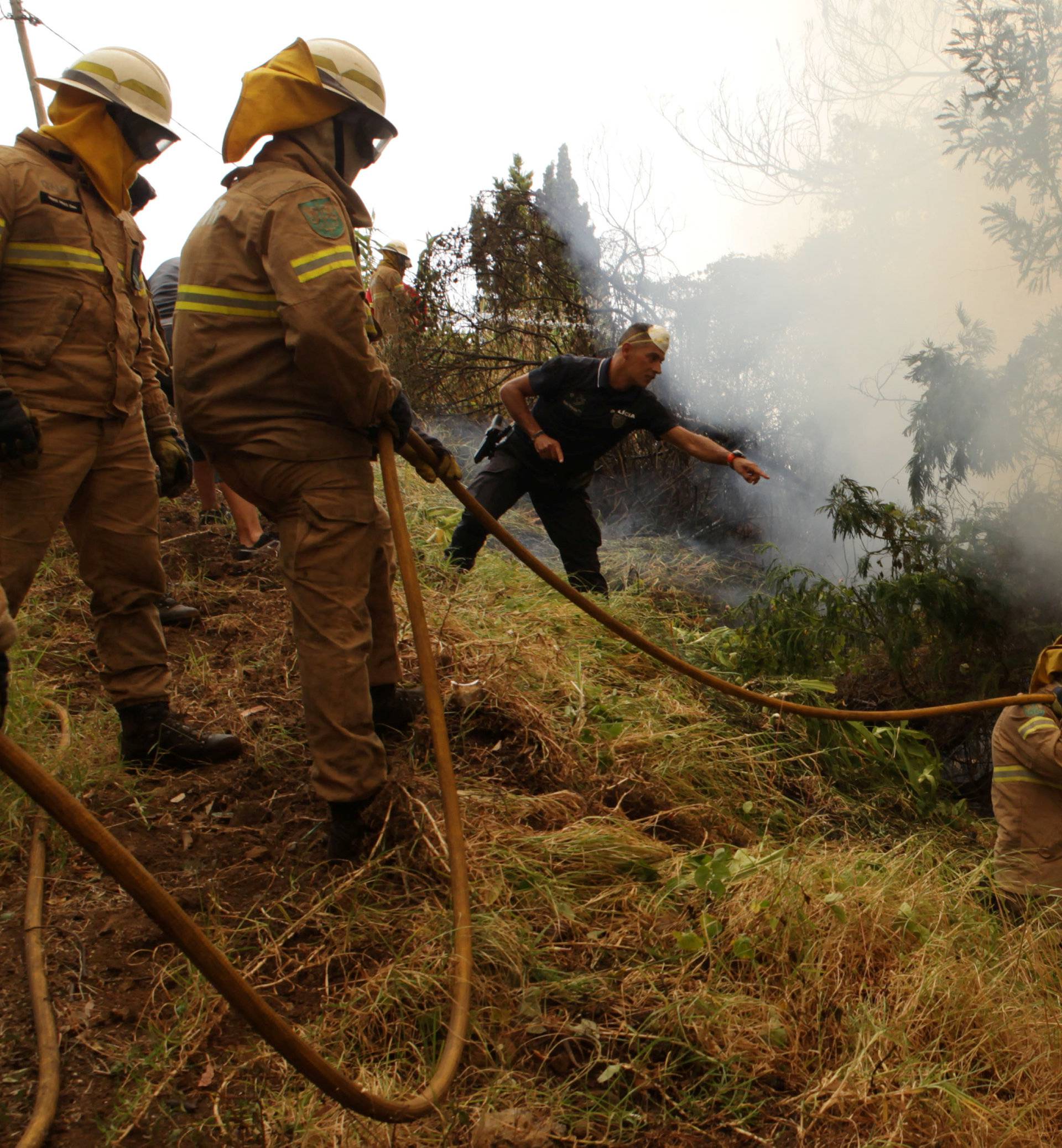 Police officers and firefighters try to extinguish a forest fire near houses at Sao Joao Latrao, Funchal, Madeira island