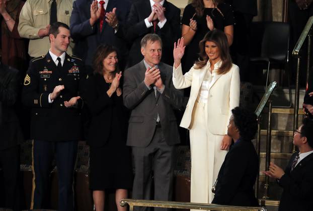 Melania Trump waves prior to President Trump's State of the Union address in Washington