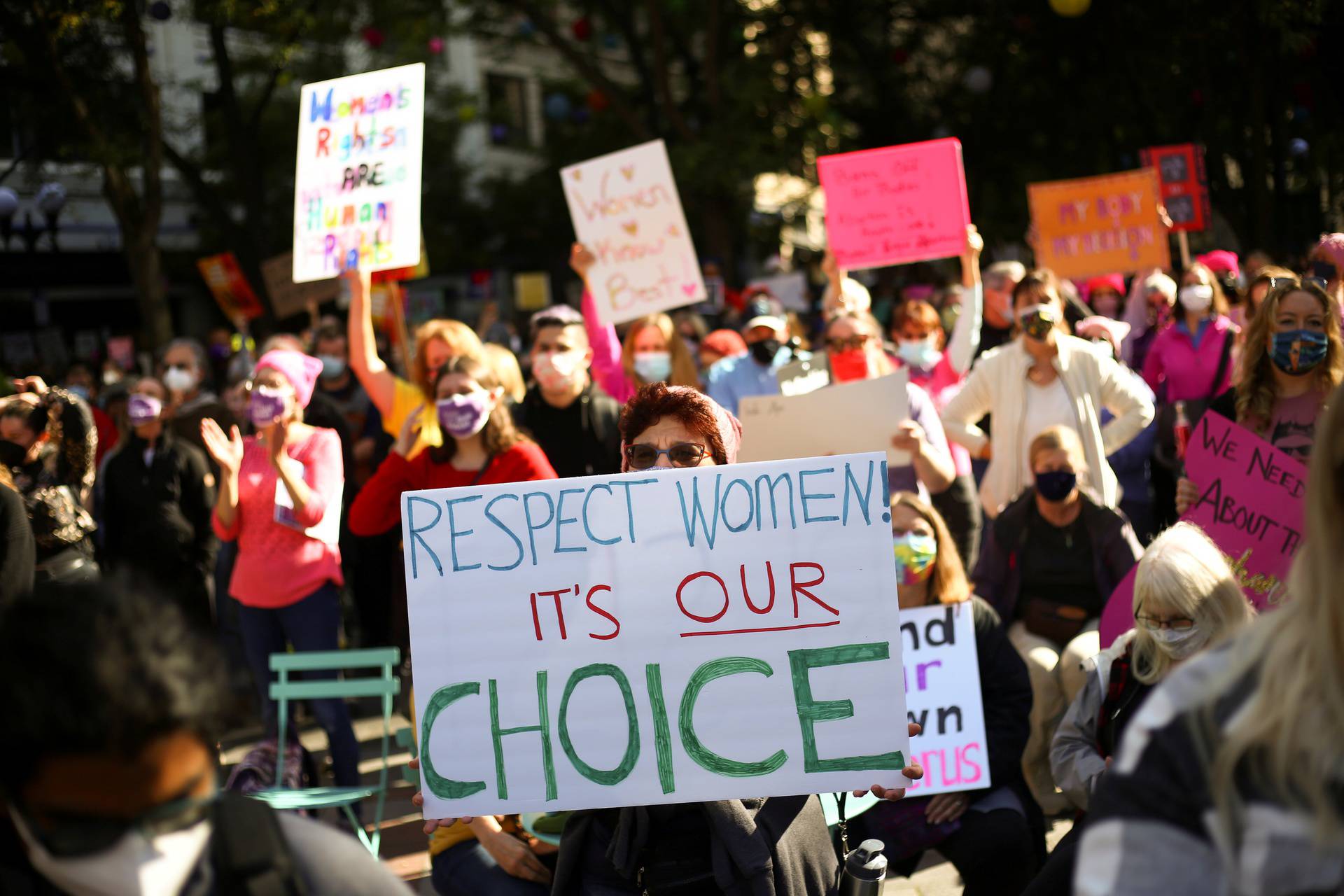 Supporters of reproductive choice take part in the nationwide Women's March in Seattle