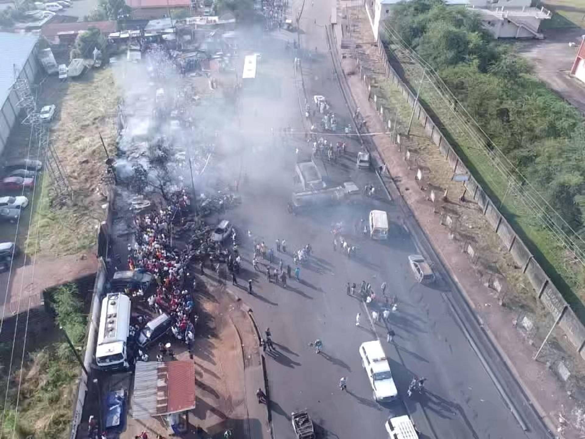 An accident scene is pictured after a fuel tanker explosion in Freetown