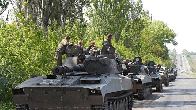 A view shows an armoured convoy of pro-Russian troops outside Donetsk