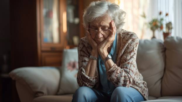 Rear view close up thoughtful mature woman touching forehead, suffering from headache, sitting on couch at home alone, pensive upset middle aged female lost in thoughts, thinking about problems
