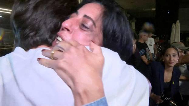 Einav Zangauker, the mother of hostage Matan Zangauker, reacts to news that Israel and Hamas have agreed on Wednesday to the first phase of U.S. President Donald Trump's plan for Gaza, at Hostages Square in Tel Aviv