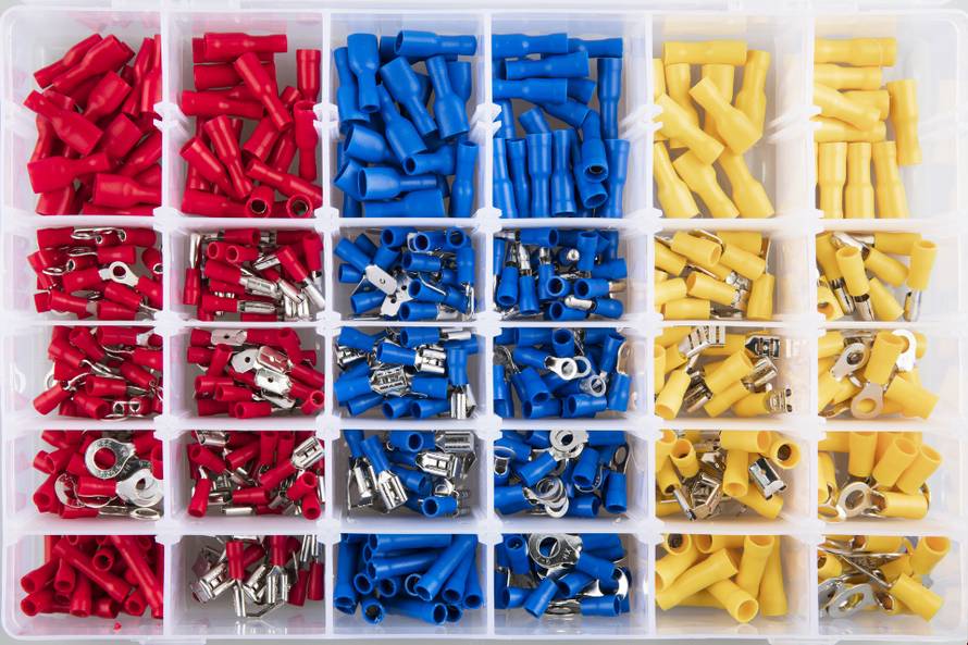 Yellow,,Blue,And,Red,Electric,Terminal,Connectors,Organized,In,Plastic