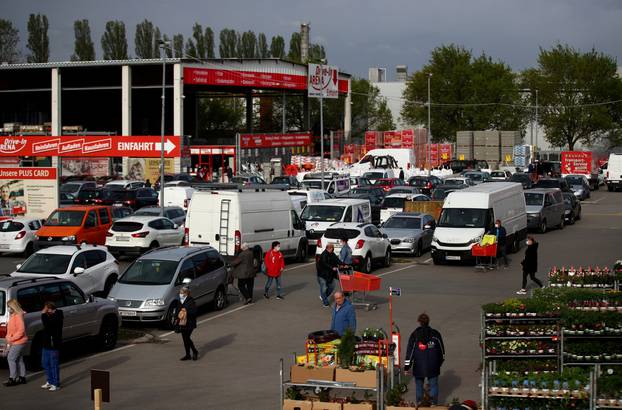 A general view of the parking area of a hardware store during the partial reopening of shops after the Austrian government loosens its lockdown restrictions during the global coronavirus disease (COVID-19) outbreak in Vienna